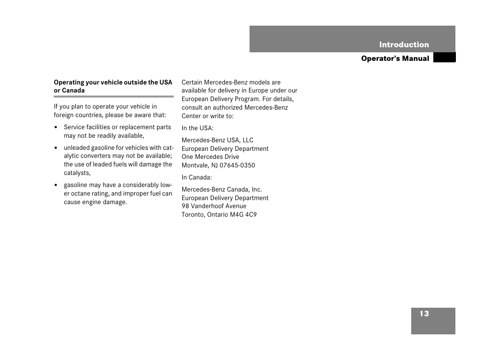 Operating your vehicle outside the usa or canada | Mercedes-Benz SL-Class 2008 Owners Manual User Manual | Page 13 / 489