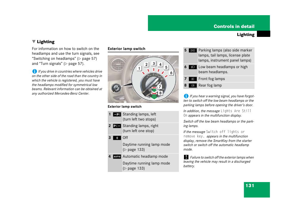 Lighting, Exterior lamp switch, On on headlamps, see “lighting | Mercedes-Benz SL-Class 2008 Owners Manual User Manual | Page 132 / 489