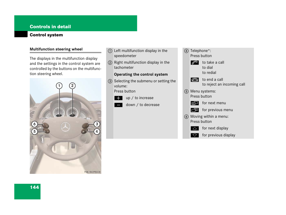 Multifunction steering wheel:buttons, Multifunction steering wheel | Mercedes-Benz SL-Class 2008 Owners Manual User Manual | Page 145 / 489
