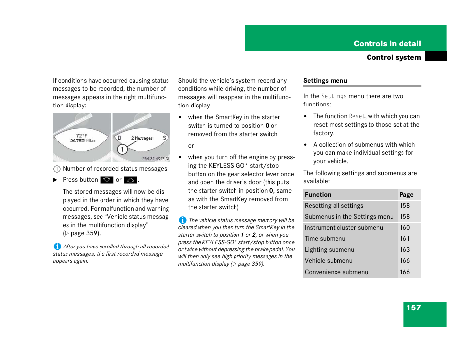 Control system menus:settings, Settings menu | Mercedes-Benz SL-Class 2008 Owners Manual User Manual | Page 158 / 489