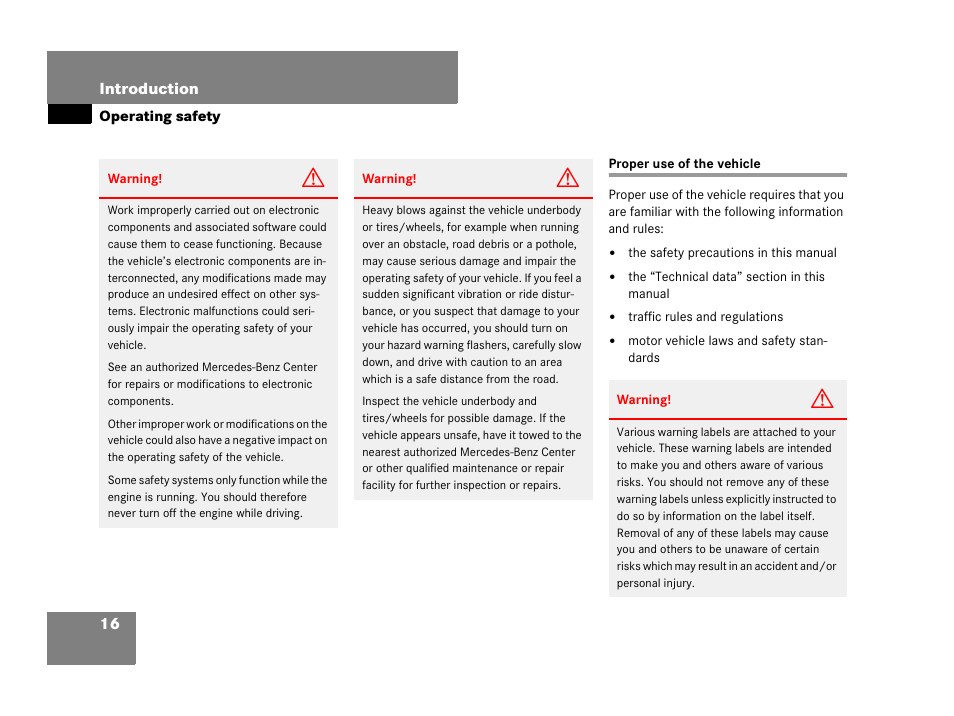 Proper use of the vehicle, Operating safety | Mercedes-Benz SL-Class 2008 Owners Manual User Manual | Page 16 / 489