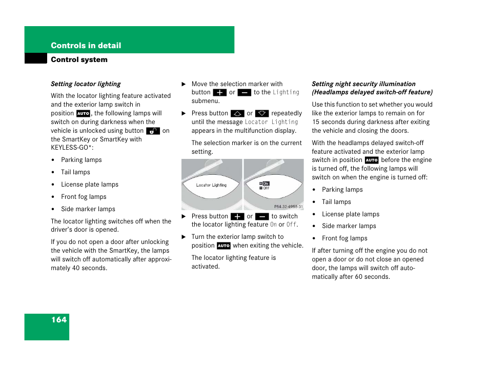 On, see “setting locator lighting, Lumination | Mercedes-Benz SL-Class 2008 Owners Manual User Manual | Page 165 / 489