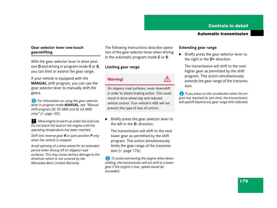 Gear selector lever one-touch gearshifting, Lever | Mercedes-Benz SL-Class 2008 Owners Manual User Manual | Page 180 / 489