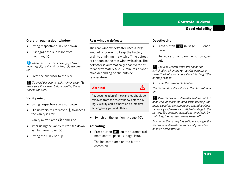 Automatic climate control system:defrosting, Rear window defroster | Mercedes-Benz SL-Class 2008 Owners Manual User Manual | Page 188 / 489
