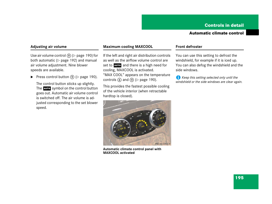 Air volume, Maximum cooling maxcool, Automatic climate control system:defrosting | Ally | Mercedes-Benz SL-Class 2008 Owners Manual User Manual | Page 196 / 489