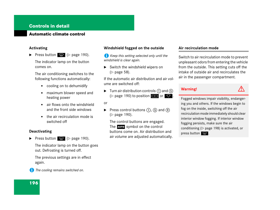 Air recirculation mode | Mercedes-Benz SL-Class 2008 Owners Manual User Manual | Page 197 / 489