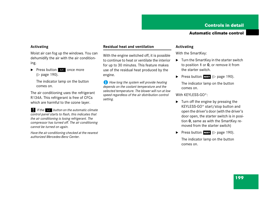 Residual heat and ventilation | Mercedes-Benz SL-Class 2008 Owners Manual User Manual | Page 200 / 489