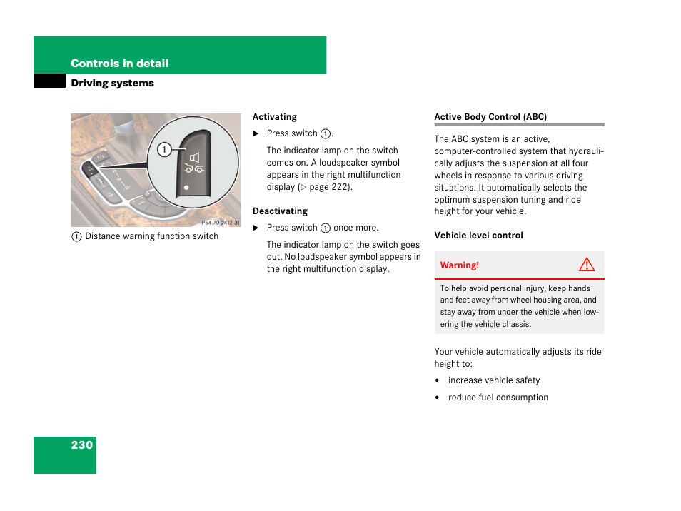 Active body control (abc) | Mercedes-Benz SL-Class 2008 Owners Manual User Manual | Page 231 / 489