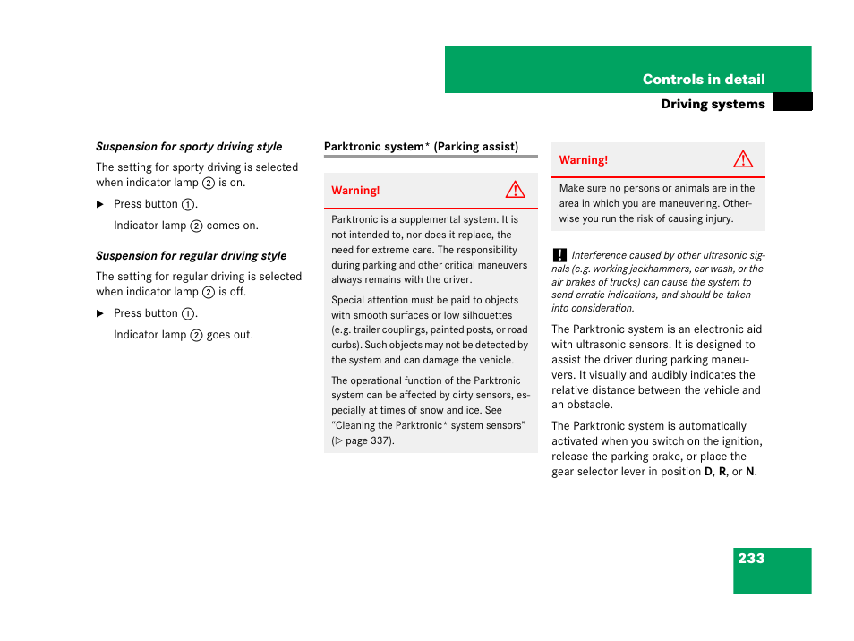 Parking assistance (parktronic*), Parktronic system* (parking assist) | Mercedes-Benz SL-Class 2008 Owners Manual User Manual | Page 234 / 489