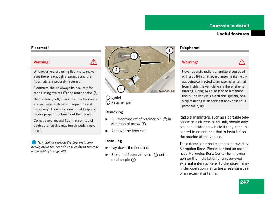Floormat, Telephone, Floormat* telephone | Adle | Mercedes-Benz SL-Class 2008 Owners Manual User Manual | Page 248 / 489