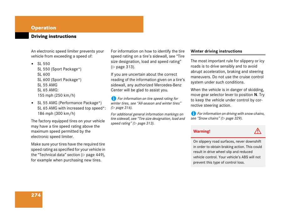Driving:in winter, Winter driving instructions | Mercedes-Benz SL-Class 2008 Owners Manual User Manual | Page 275 / 489