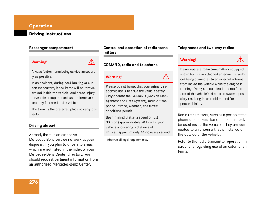 Passenger compartment, Driving:abroad, Radio transmitters:control and operation | Mercedes-Benz SL-Class 2008 Owners Manual User Manual | Page 277 / 489
