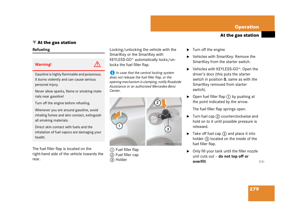 Fuel, Refueling, At the gas station | Mercedes-Benz SL-Class 2008 Owners Manual User Manual | Page 280 / 489