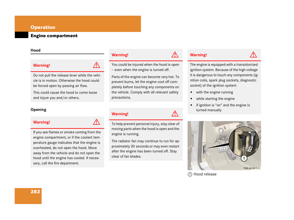 Engine:compartment, Hood, Engine compartment | Mercedes-Benz SL-Class 2008 Owners Manual User Manual | Page 283 / 489