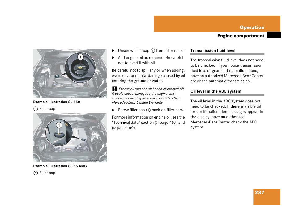 Abc:oil level | Mercedes-Benz SL-Class 2008 Owners Manual User Manual | Page 288 / 489