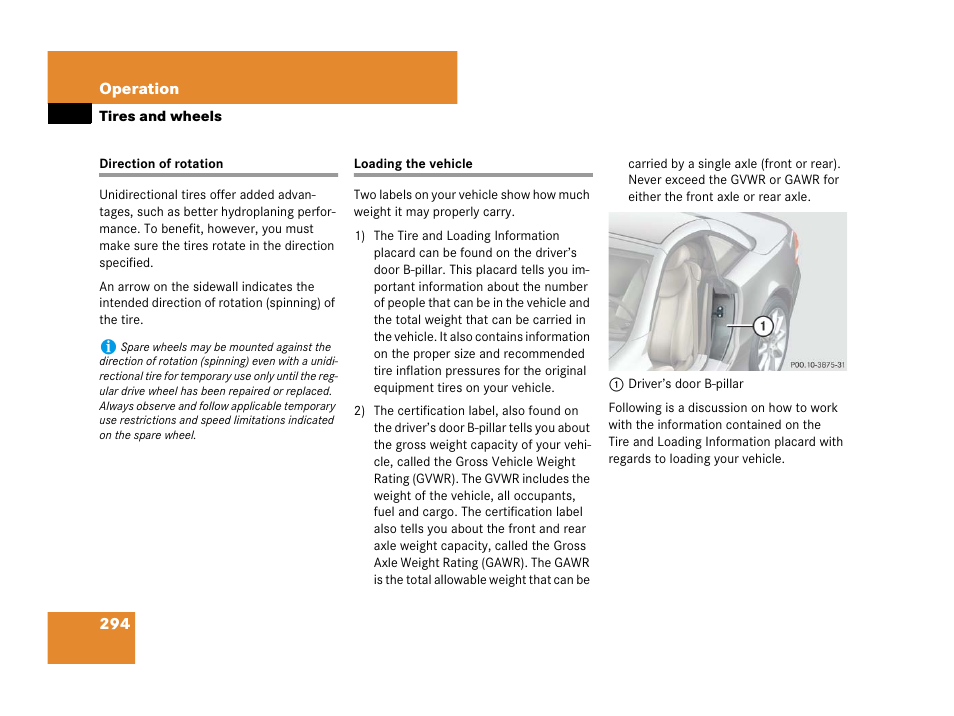 Direction of rotation (tires), Loading the vehicle, Direction of rotation loading the vehicle | Mercedes-Benz SL-Class 2008 Owners Manual User Manual | Page 295 / 489