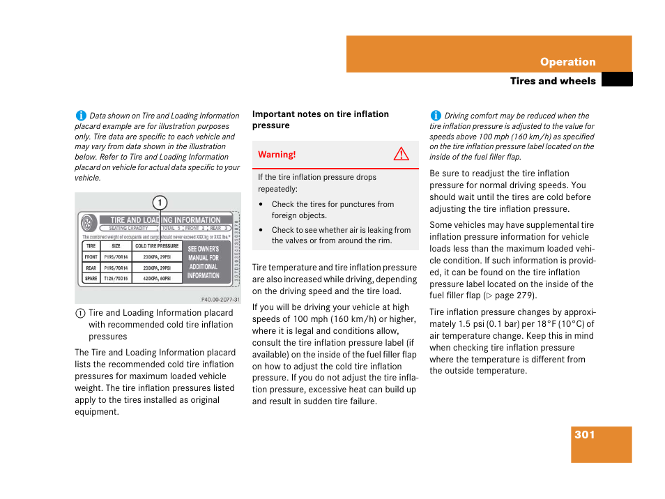 See “important notes on tire inflation pressure | Mercedes-Benz SL-Class 2008 Owners Manual User Manual | Page 302 / 489