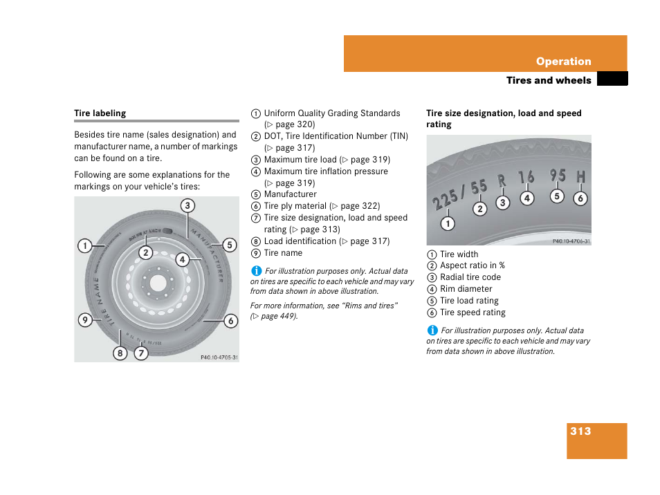 Tire labeling, See “tire size designation, load and speed rating | Mercedes-Benz SL-Class 2008 Owners Manual User Manual | Page 314 / 489