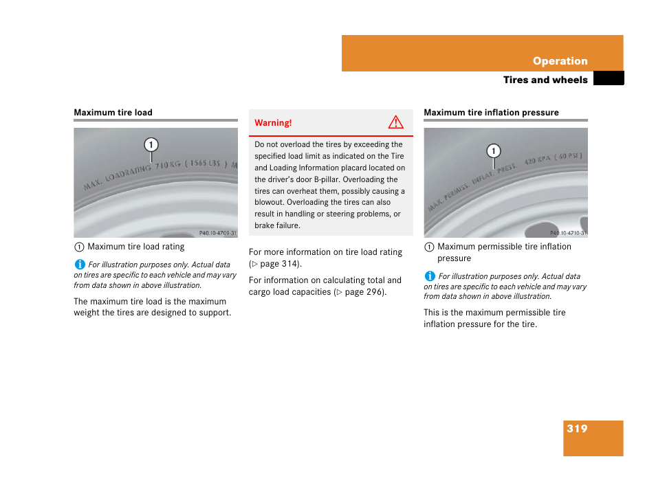 Maximum tire load, Maximum tire pressure, Maximum tire load maximum tire inflation pressure | So “maximum tire load | Mercedes-Benz SL-Class 2008 Owners Manual User Manual | Page 320 / 489