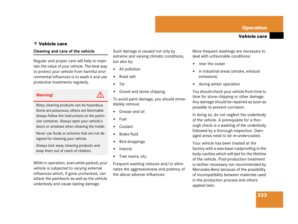 Vehicle care, Vehicle care:cleaning and care, Cleaning and care of the vehicle | Mercedes-Benz SL-Class 2008 Owners Manual User Manual | Page 334 / 489