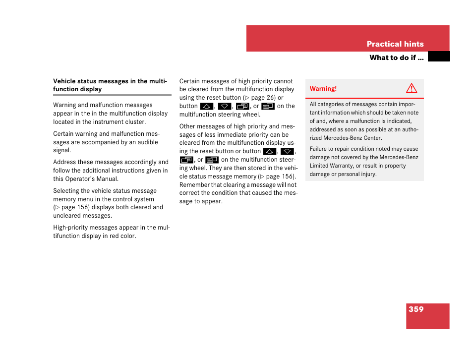 Vehicle status messages, Display | Mercedes-Benz SL-Class 2008 Owners Manual User Manual | Page 360 / 489