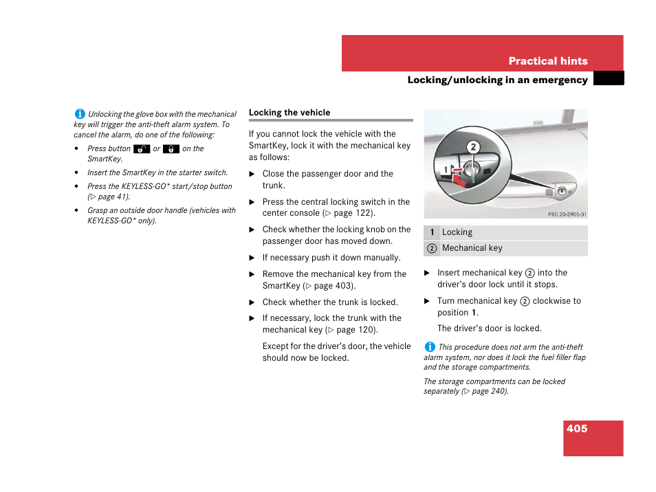 Vehicle:locking in an emergency, Locking the vehicle, Doors | 405 practical hints | Mercedes-Benz SL-Class 2008 Owners Manual User Manual | Page 406 / 489