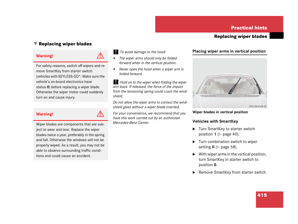 Replacing:wiper blades, Placing wiper arms in vertical position, Replacing wiper blades | Placing wiper arms in vertical position | Mercedes-Benz SL-Class 2008 Owners Manual User Manual | Page 416 / 489