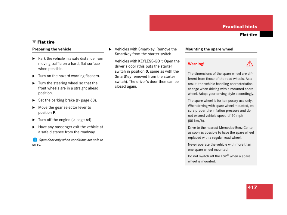 Flat tire, Flat tire:mounting the spare wheel, Preparing the vehicle mounting the spare wheel | Sary, change the wheel, 417 practical hints | Mercedes-Benz SL-Class 2008 Owners Manual User Manual | Page 418 / 489