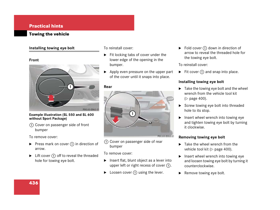 Towing eye bolt:installing, Installing towing eye bolt | Mercedes-Benz SL-Class 2008 Owners Manual User Manual | Page 437 / 489