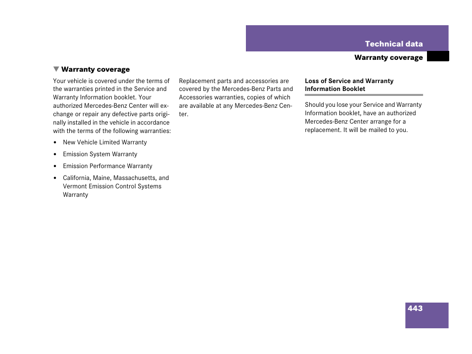 Warranty coverage, Loss of service and warranty information booklet, Loss of service and warranty information booklet | Mercedes-Benz SL-Class 2008 Owners Manual User Manual | Page 444 / 489