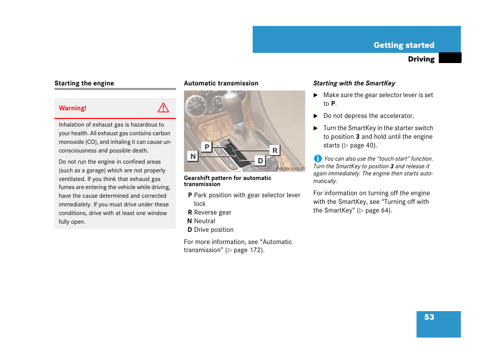 Engine:starting, Starting the engine, Artkey, see “starting with the smartkey | Mercedes-Benz SL-Class 2008 Owners Manual User Manual | Page 53 / 489