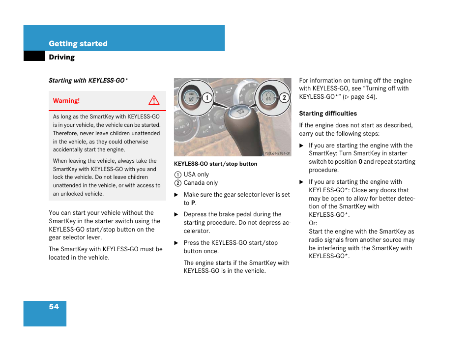 See “starting with keyless-go | Mercedes-Benz SL-Class 2008 Owners Manual User Manual | Page 54 / 489