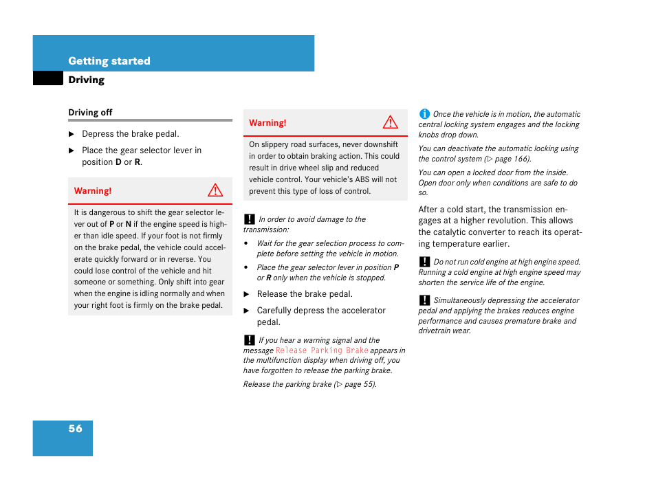 Driving:instructions, Driving off | Mercedes-Benz SL-Class 2008 Owners Manual User Manual | Page 56 / 489