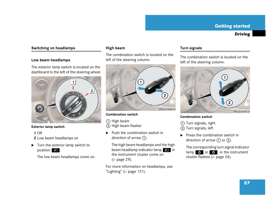 Switching on headlamps, Turn signals, Switching on headlamps turn signals | Mercedes-Benz SL-Class 2008 Owners Manual User Manual | Page 57 / 489
