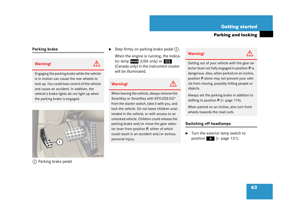 Switching off headlamps, Parking brake switching off headlamps | Mercedes-Benz SL-Class 2008 Owners Manual User Manual | Page 63 / 489