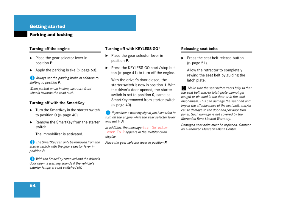 Turning off the engine, Releasing seat belts, Turning off the engine releasing seat belts | Smartkey, see “turning off with the smartkey | Mercedes-Benz SL-Class 2008 Owners Manual User Manual | Page 64 / 489