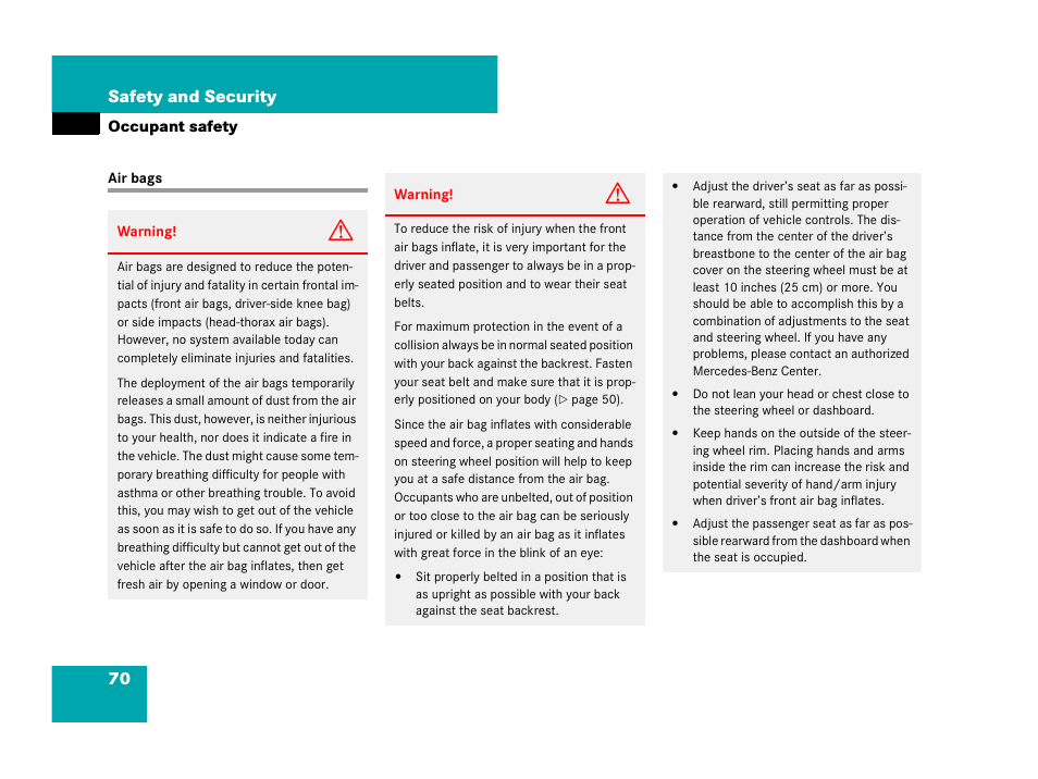 Air bags, 70 safety and security | Mercedes-Benz SL-Class 2008 Owners Manual User Manual | Page 70 / 489