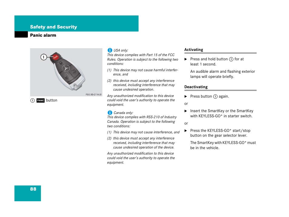 Panic alarm, Activating, Deactivating | Activating deactivating | Mercedes-Benz SL-Class 2008 Owners Manual User Manual | Page 89 / 489