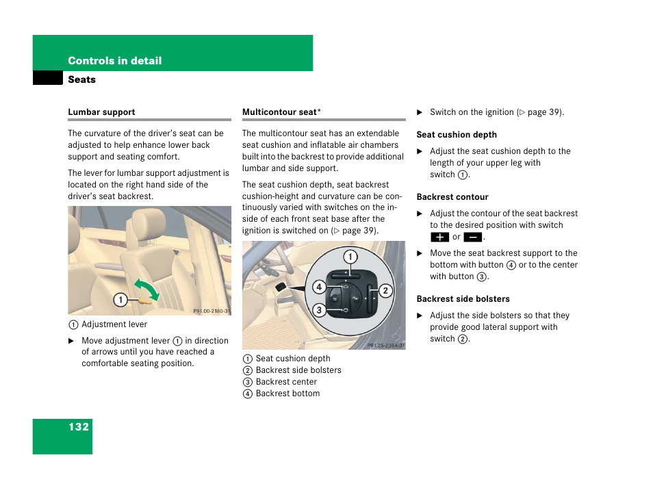Multicontour seats, Lumbar support multicontour seat | Mercedes-Benz R-Class 2008 Owners Manual User Manual | Page 133 / 569