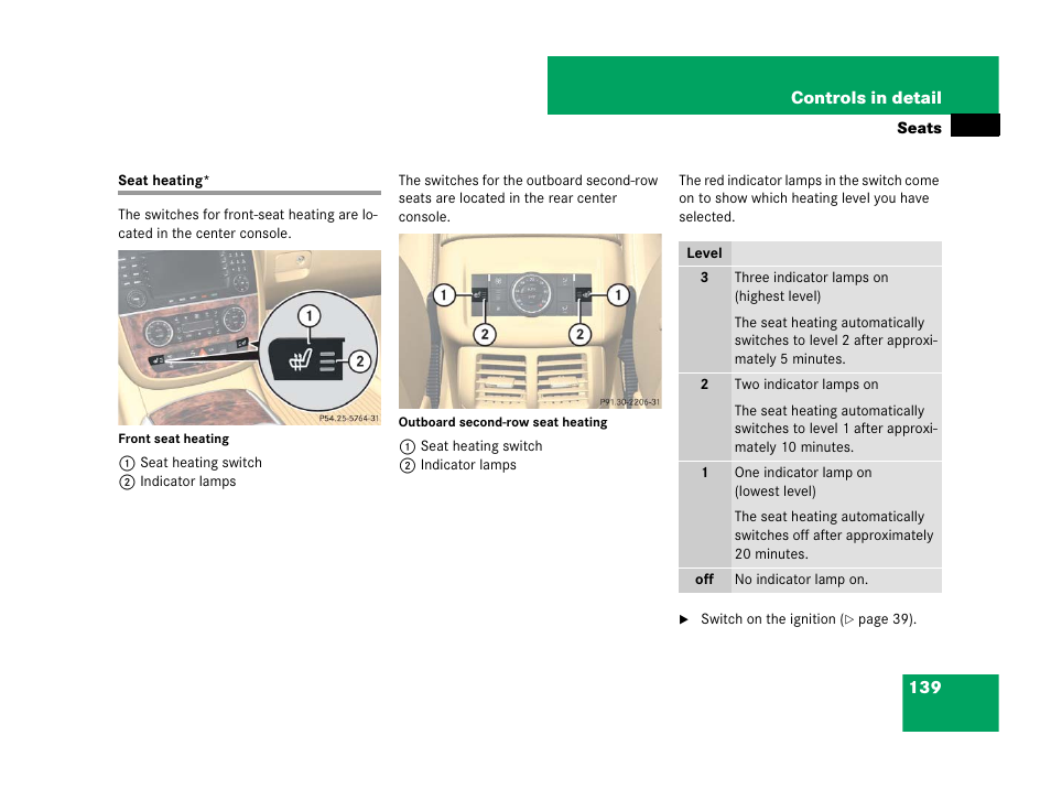 Seats:heating, Seat heating | Mercedes-Benz R-Class 2008 Owners Manual User Manual | Page 140 / 569
