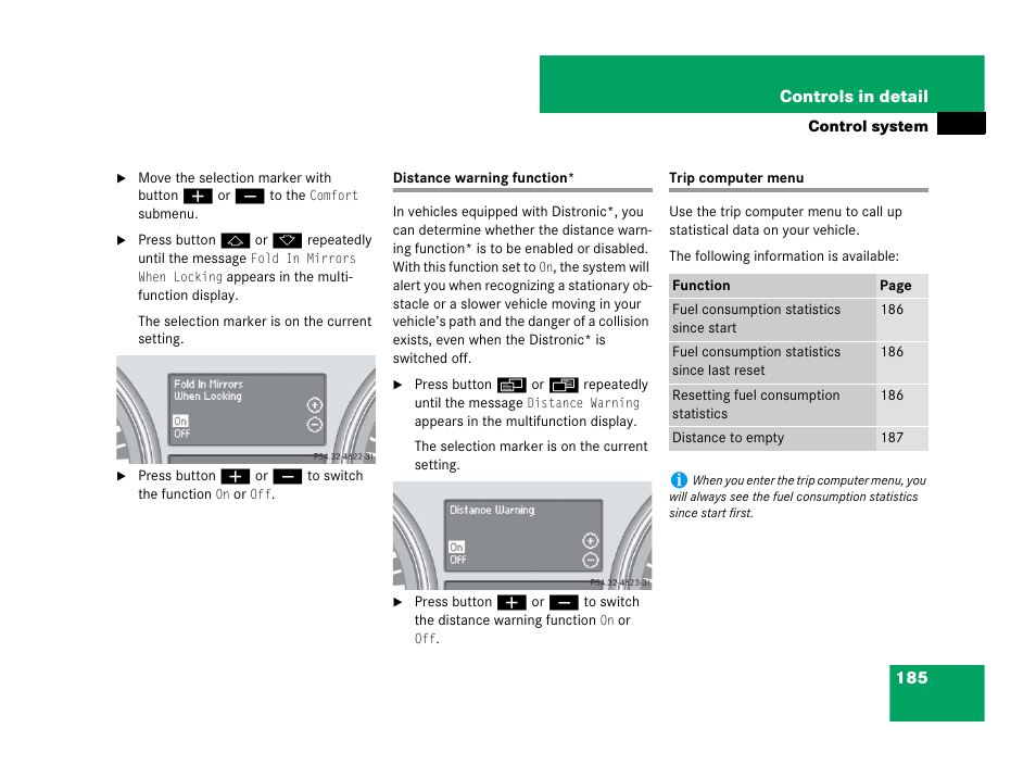 Control system menus:distance warning function, Trip computer, Distance warning function* trip computer menu | Mercedes-Benz R-Class 2008 Owners Manual User Manual | Page 186 / 569