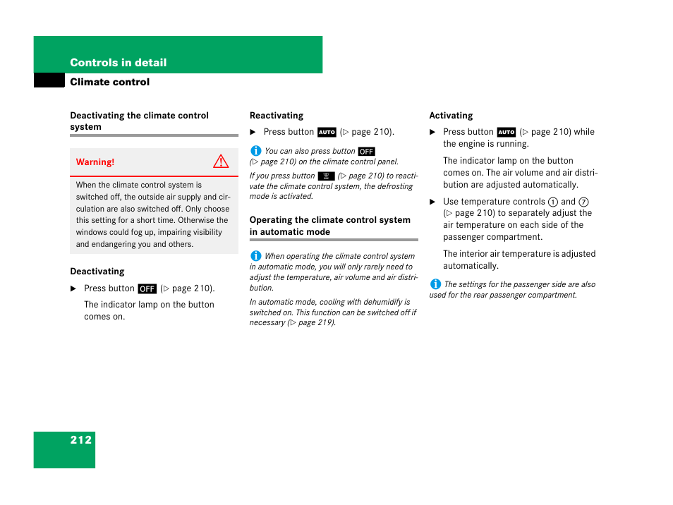 Climate control: deactivating system | Mercedes-Benz R-Class 2008 Owners Manual User Manual | Page 213 / 569