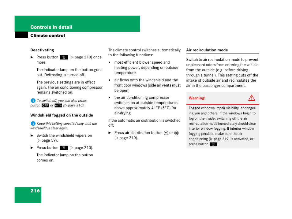 Air recirculation mode | Mercedes-Benz R-Class 2008 Owners Manual User Manual | Page 217 / 569