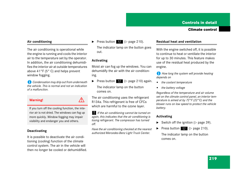 Climate control:residual heat utilization (rest), Air conditioning residual heat and ventilation | Mercedes-Benz R-Class 2008 Owners Manual User Manual | Page 220 / 569
