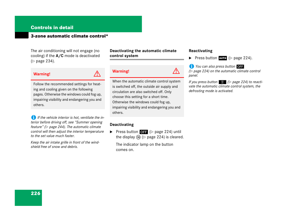 Deactivating the automatic climate control system | Mercedes-Benz R-Class 2008 Owners Manual User Manual | Page 227 / 569
