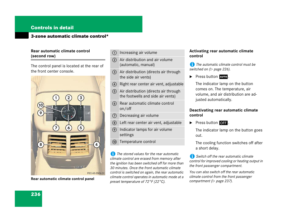 Rear automatic climate control (second row) | Mercedes-Benz R-Class 2008 Owners Manual User Manual | Page 237 / 569