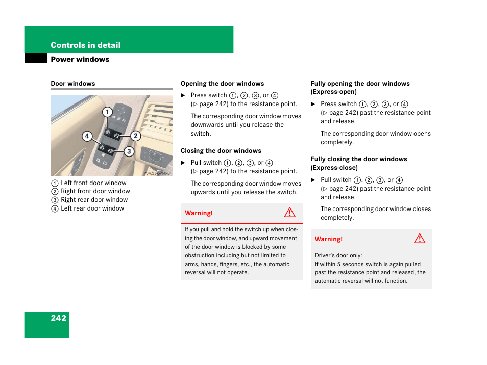 Opening and closing the windows, Door windows | Mercedes-Benz R-Class 2008 Owners Manual User Manual | Page 243 / 569