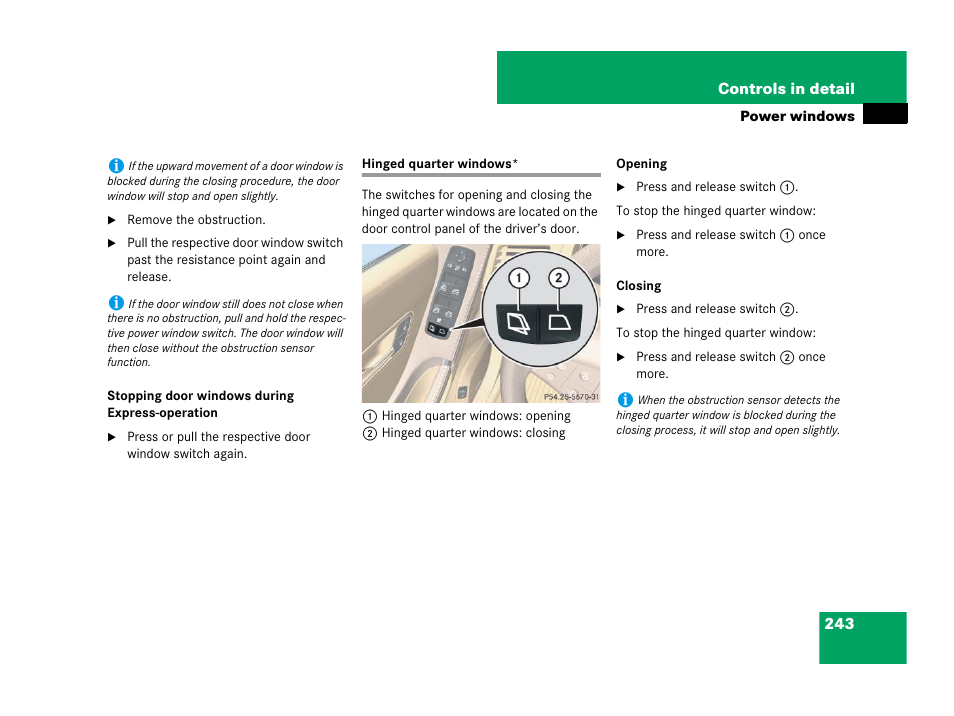 Power windows:hinged quarter windows, Hinged quarter windows | Mercedes-Benz R-Class 2008 Owners Manual User Manual | Page 244 / 569