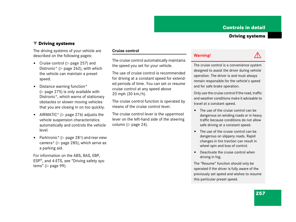 Driving systems, Cruise control, 257 controls in detail | Mercedes-Benz R-Class 2008 Owners Manual User Manual | Page 258 / 569