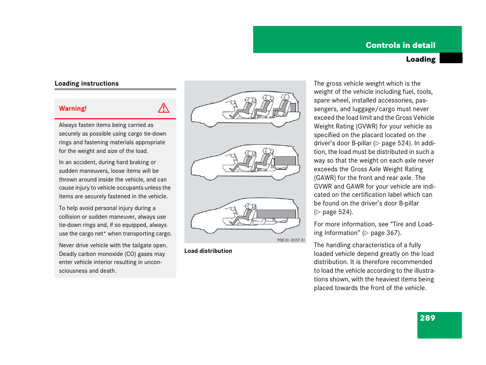 Vehicle loading:loading instructions, Loading instructions | Mercedes-Benz R-Class 2008 Owners Manual User Manual | Page 290 / 569